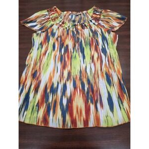 Art & Soul Womens Size S Short Sleeve Blouse Beaded Neckline Abstract Watercolor